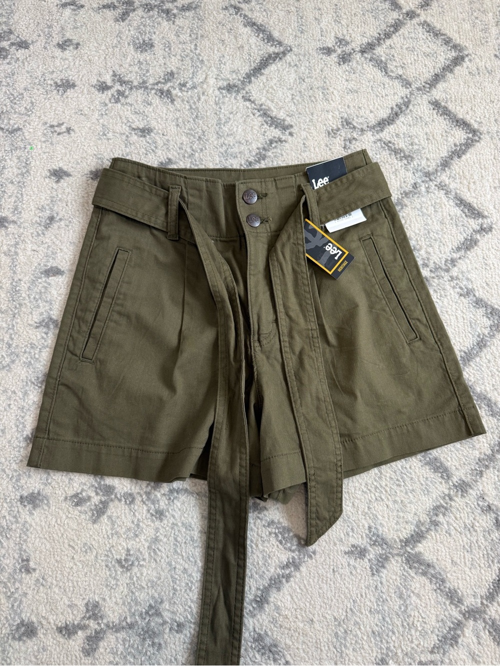 Lee Olive Tie-Belt High-Rise Utility Shorts